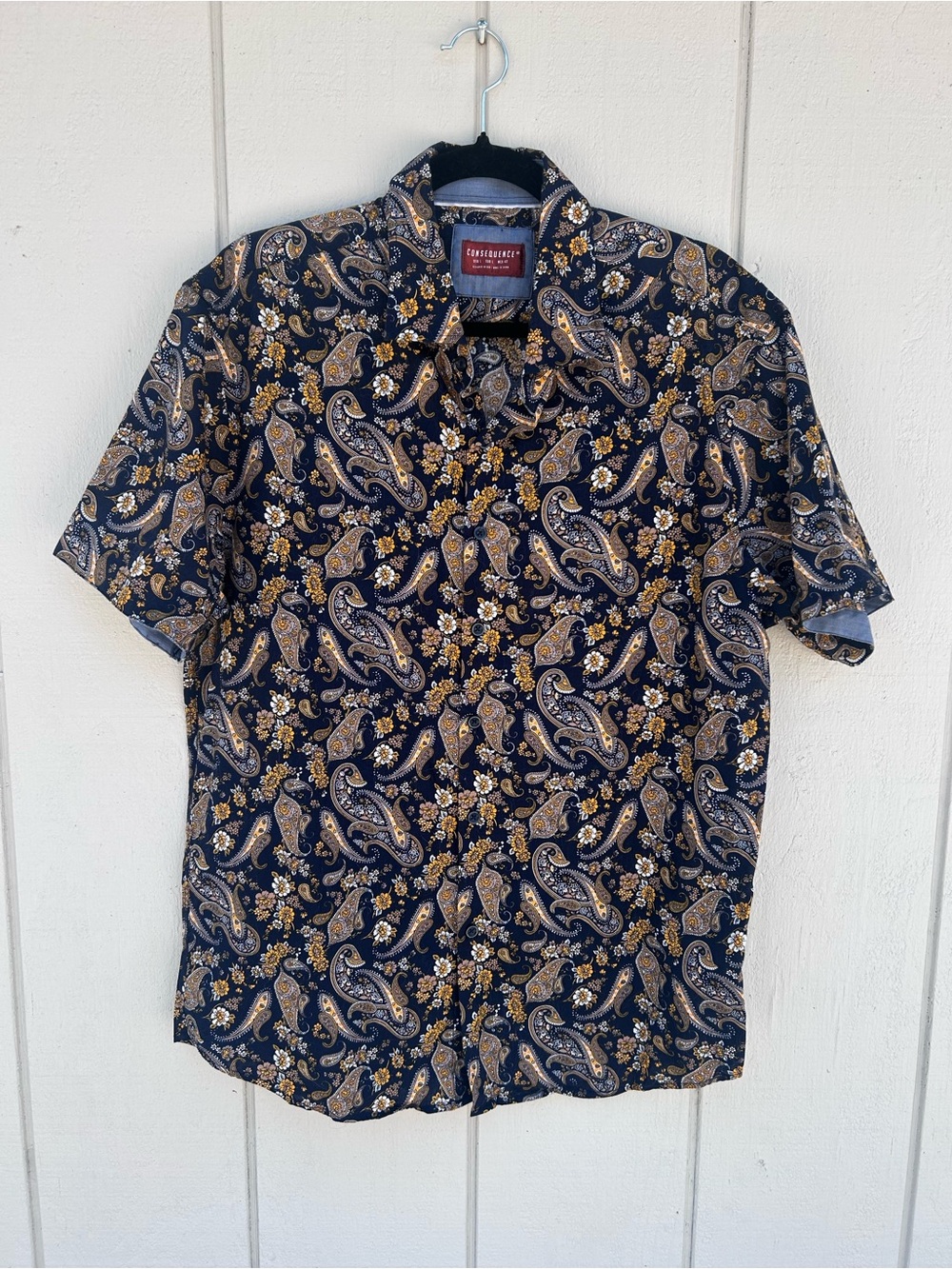 Short-Sleeve Paisley Button-Down Shirt - Navy & Gold Men’s Lg